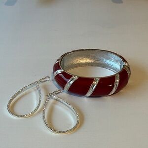 Elegant Red and Silver Bracelet with Earrings